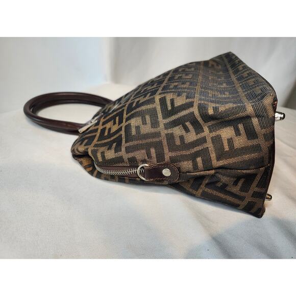 Fendi Zucca Canvas Dome Satchel Handbag Brown Leather Trim FF Silver Hardware - Picture 9 of 16